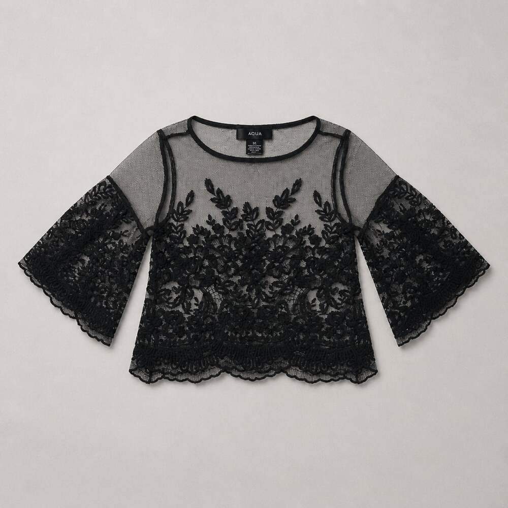 AQUA Black Sheer Mesh Embroidered Floral Lace Bell Sleeve Crop Top XS